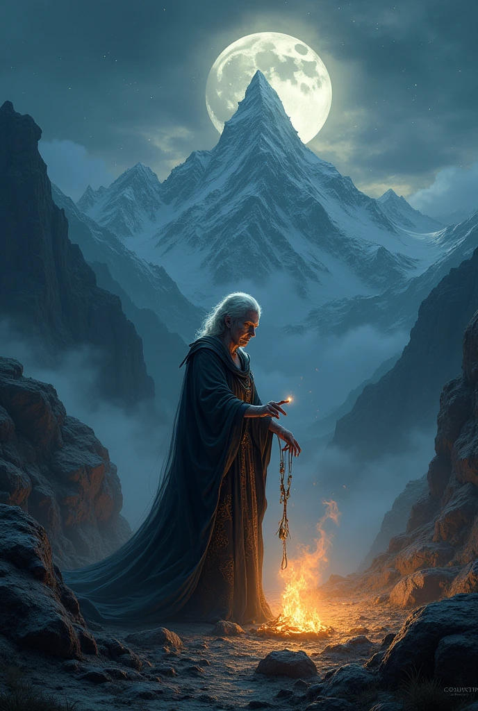 Old witch woman doing black magic in andes mountains at night
