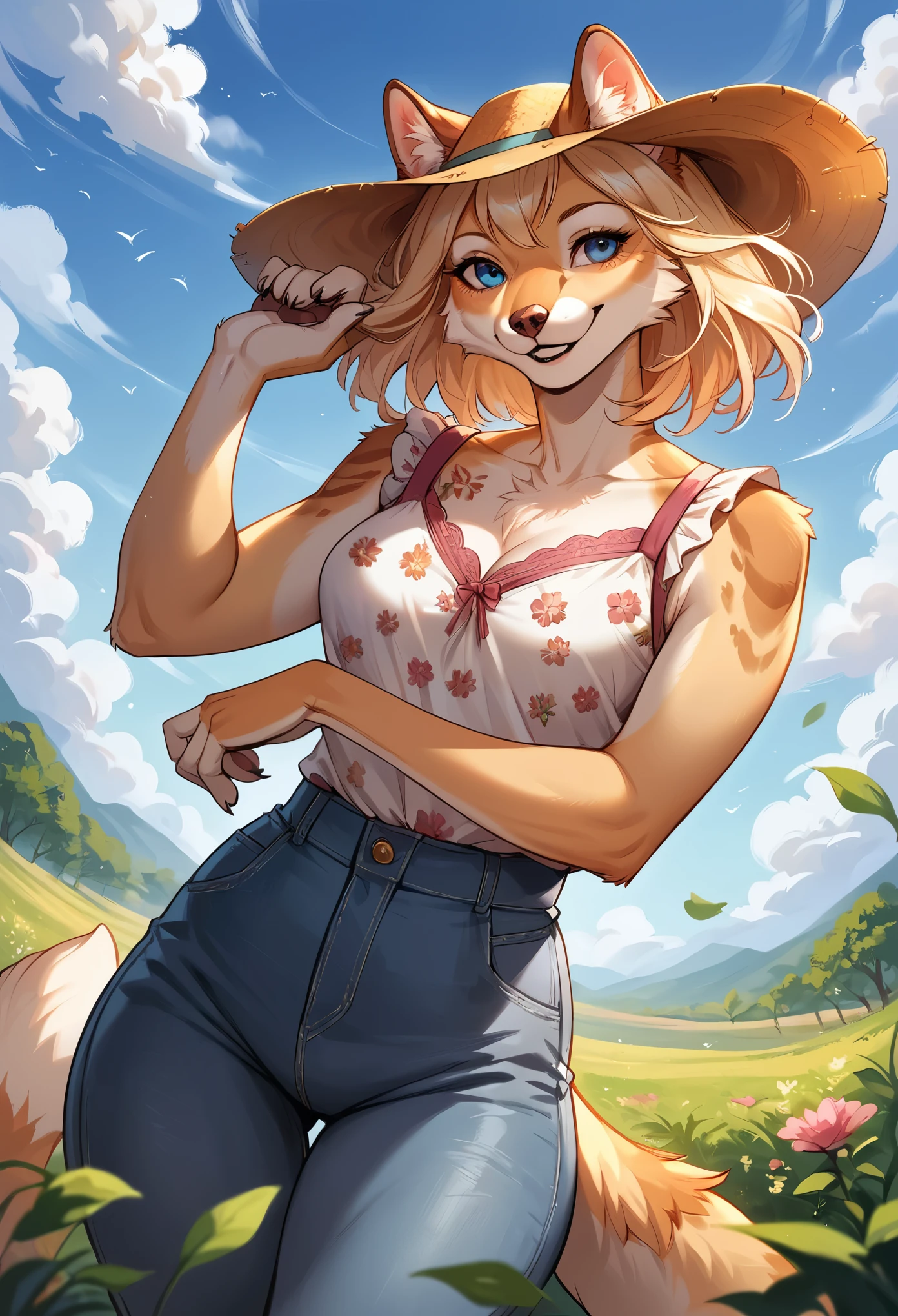 rating_safe, score_9, score_8_up, score_7_up, score_6_up, score_5_up, score_4_up, hires, source_furry(one scene of movie)nature, farm, Blue sky, clouds, florals Beautiful garden(furry anthro, solo, girl, casual fashion, Relux pose, Smile)cinematic lighting, dynamic angle,