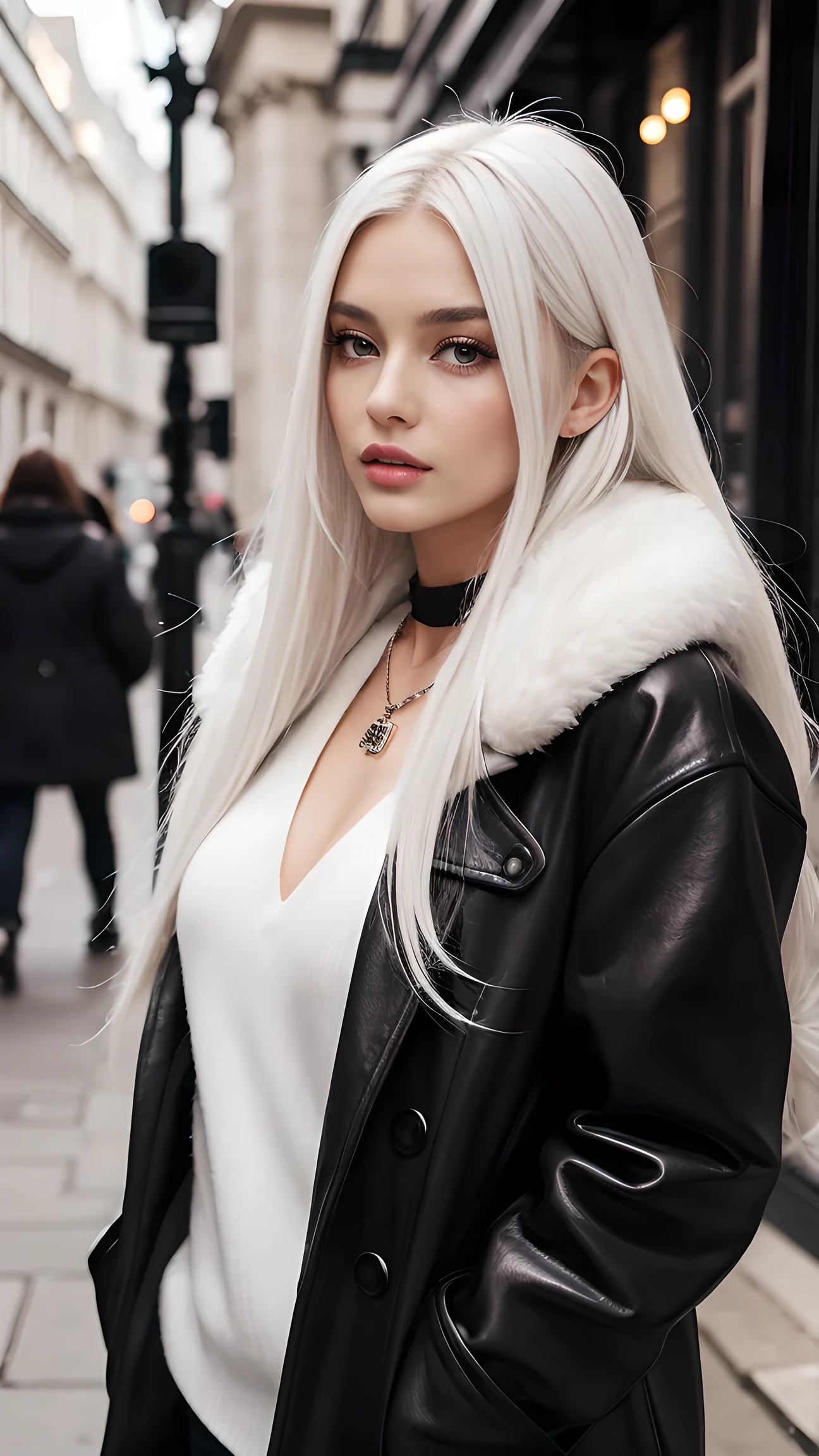 1 girl, 1, European style,Single person, long hair, prominent lips, looking at white hair, fashionista, brown eyes,Whole body, necklace, Black coat, practical and sexy,professional model,london