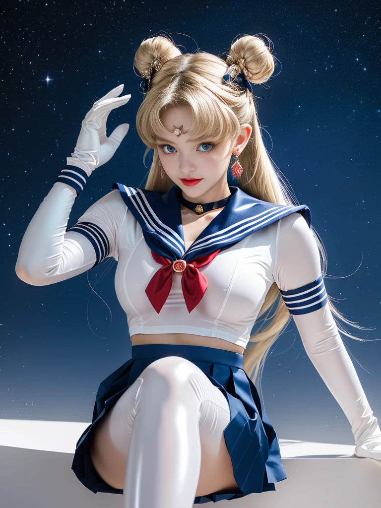 masterpiece、ful:1.3、stands、8k、。.3d、realisitic、Ultra Micro Photography、top-quality、Wallpapers with extreme details CG Unity 8k、frombelow、intricate detailes、(1 female)、28 year old、(Sailor Moon:1.6 Super Bishoujo Senshi Sailor Moon Mer1、meishaonv,tierra、Sailor Senshi Uniform Sailor:1.5、sailormoon:1.5,Eternal Sailor Moon)、(Incredibly long bright twin-tailed blonde:1.4、Thin and very long straight twin tail blonde, Hair buns、Red round hair ornament in a hair bun)、((Sailor Senshi Uniform:1.4、Metallic blue collar,Sailor color in metallic blue,Metallic Blue Pregate Ultra Mini Skirt:1.5、very large red bow on the chest,,Long white latex gloves,Red gloves on the elbows、Bare upper arms,Luxurious golden tiara on forehead、耳Nipple Ring,Luxurious Golden Jewelry Decoration、high leg swimsuit))、Very thin and fit high gloss white holographic leather、High Gloss White Silver Latex SEXY High Leg Cut Swimsuit That Shines Like Oil,Pants are visible,Sexy Model Pose:1.2、dynamicposes:1.2,huge white wings on the back(Details of face:1.5、Blue eyes、Beautiful expression、beautidful eyes、Outline of the iris, Eyes with highlights、thin lipss:1.5、thin and sharp pale eyebrows,、long eyeslashes、Double eyelashes、Thin, thin and muscular,,a small face、tall and large chest、perfectly proportions、big breasts thin waist、Visible Pore、seducting smile、perfect hand:1.5、octan render、highly dramatic picture、(Lunar divinity,cosmic background、rays of moonlight、a moon、Dynamic backgrounds、exquisite lighting and shadow、dynamic ungle、Detailed background),Strong natural light、sunlights、Digital SLR、sharp focus: 1.0、Maximum clarity and sharpness、mecha musume,(Rabbit, Double bun, Twin-tailed, Parted bangs, circlet, Jewelry, earrings, Choker, Red bow, White Gloves, elbow groves, Blue skirt)