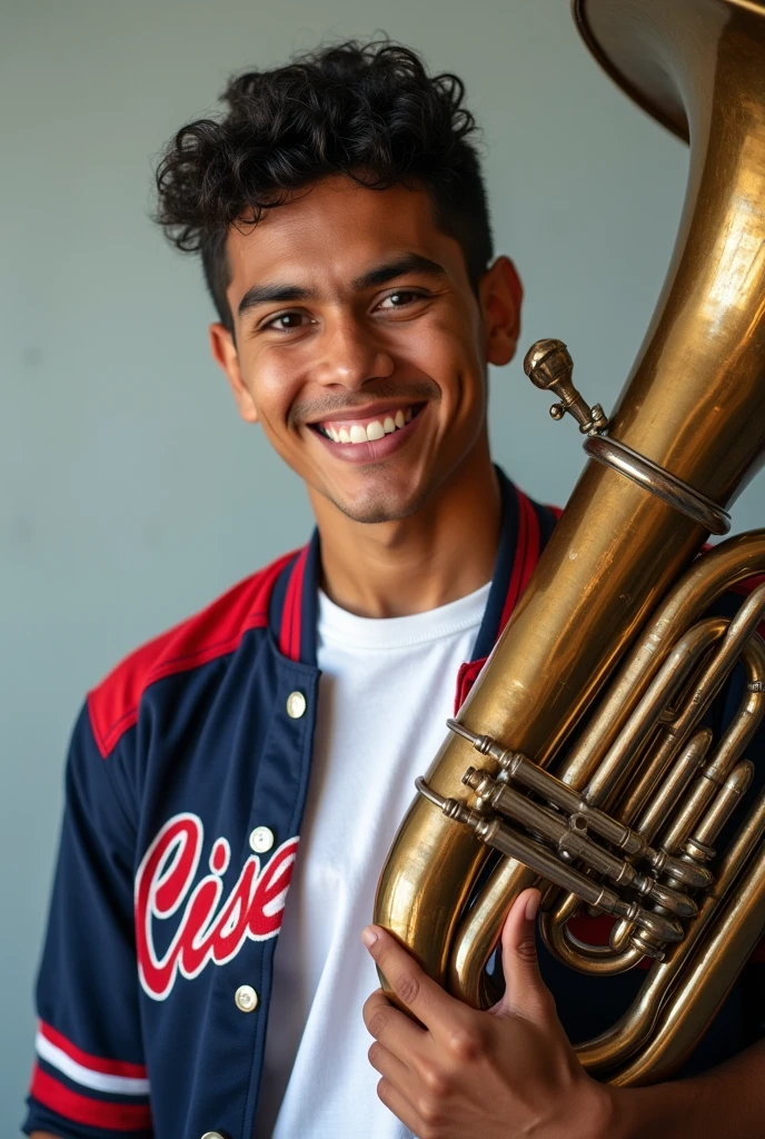 Young Mexican man wearing a white T-shirt with a navy blue round neck shirt with red and white details that says "Cisneros" with tuba