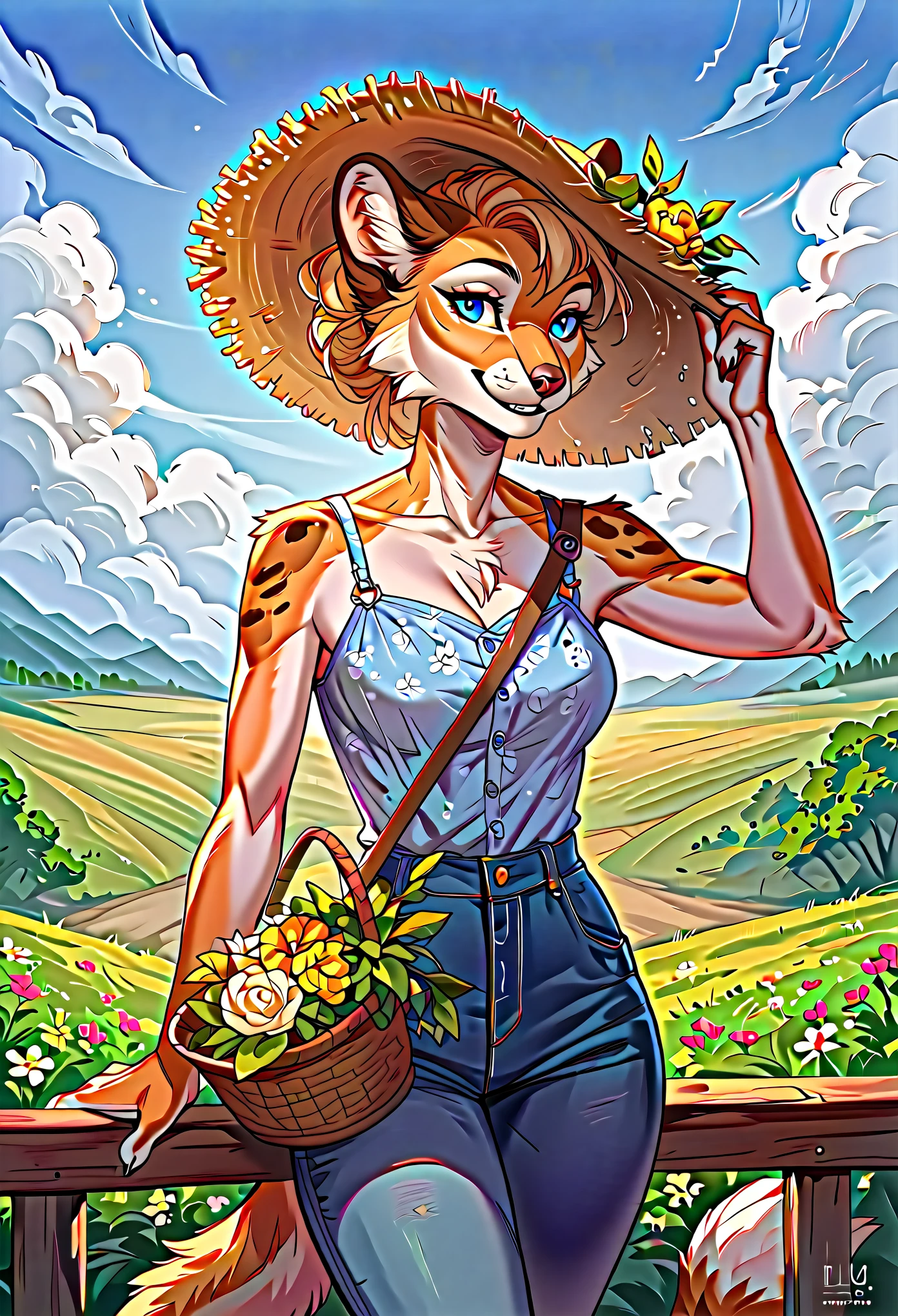rating_safe, score_9, score_8_up, score_7_up, score_6_up, score_5_up, score_4_up, hires, source_furry(one scene of movie)nature, farm, Blue sky, clouds, florals Beautiful garden(furry anthro, solo, girl, casual fashion, Relux pose, Smile)cinematic lighting, dynamic angle,