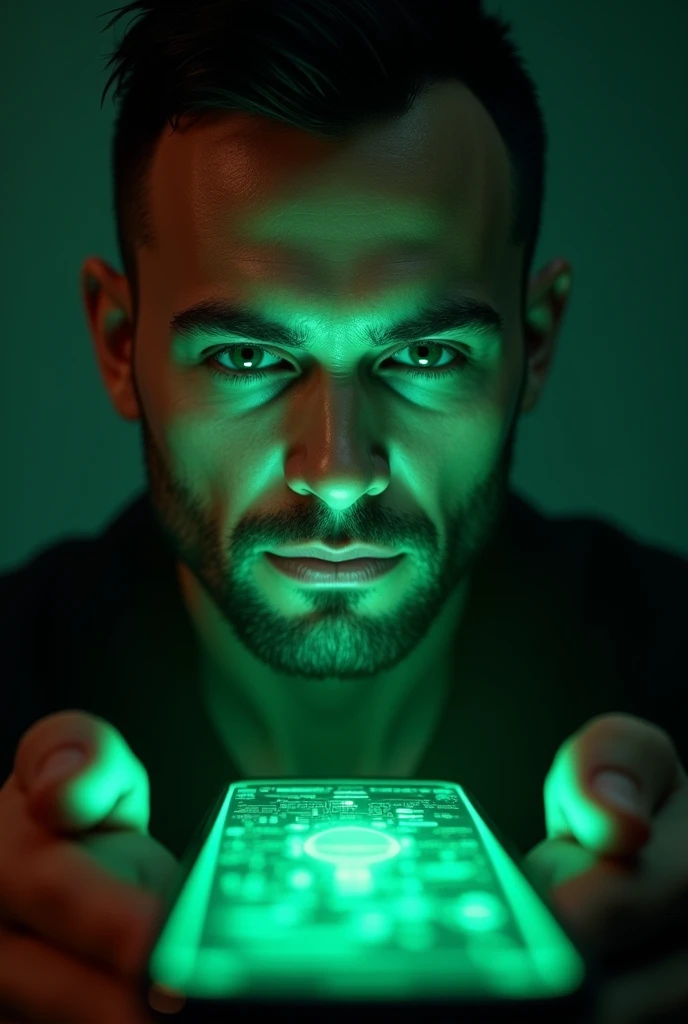 (photorealism: 9:16), An app scanning a man's face, The cell phone gives off a green light