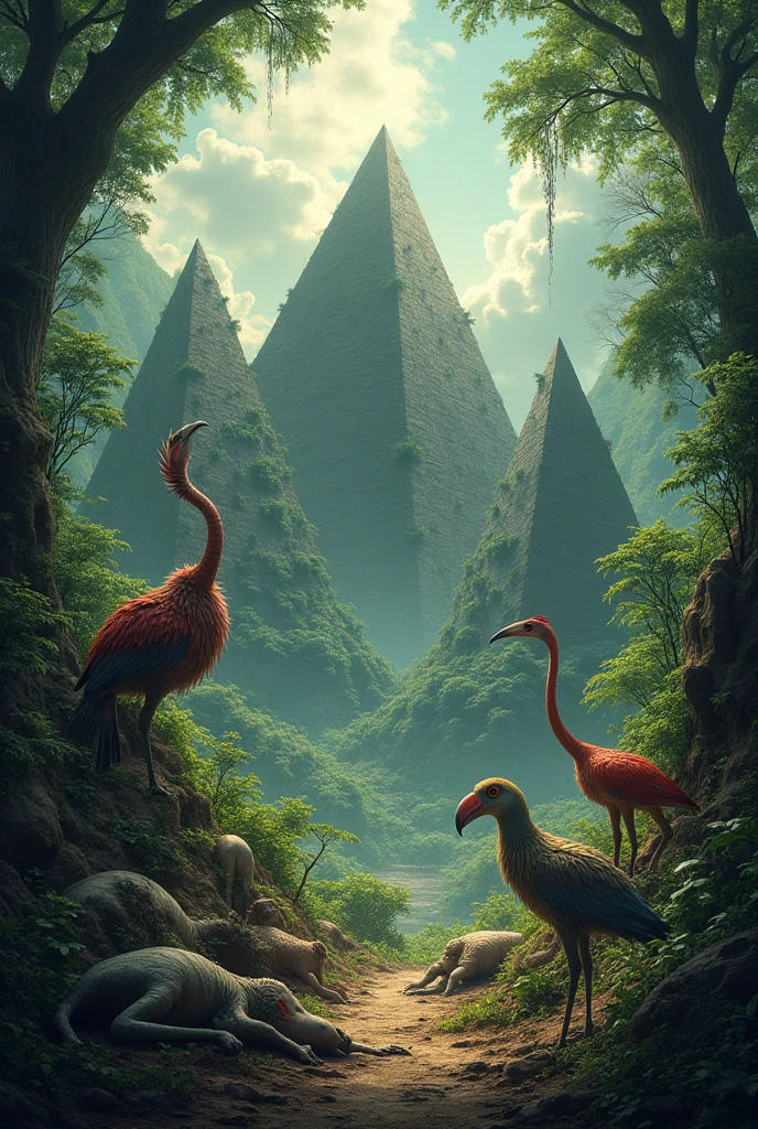Many fantastic birds and other very strange jungle animals around three pyramids. On earth, buried in open graves human corpses
