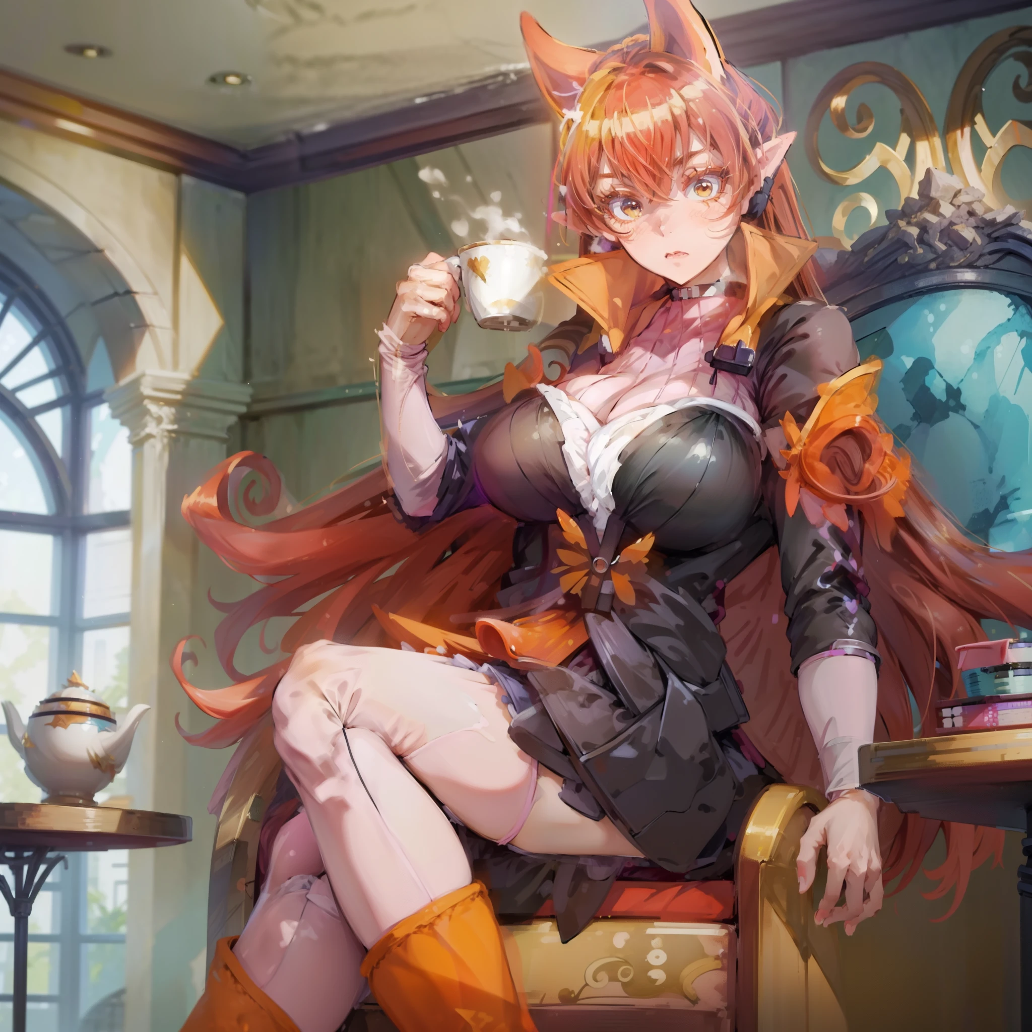 8k, Highly Detailed, Masterpiece, source_anime, best quality, clear face, thoughtful expression face, beautifully detailed eyes and beautifully detailed hair, 1girl, solo, Azazel Ameri, full body, female character with long, flowing, reddish-brown hair and fox-like ears, The character is dressed in a form-fitting, black and white top with a short, orange skirt that has petal-like layers. She is also wearing thigh-high white stockings and orange boots, big breasts, sits in a chair, there is a tea table next to it, and a mug of tea on the table, The overall color palette includes warm tones, with a focus on the character's vibrant hair and outfit, holding a cup of tea in her hand, sits in a beautiful chair, the chair has a large luxurious back, part of the chair is visible at the bottom right, chair base and legs, the armrests at the bottom right continue and flow into the back of the chair, (((On the table to the right there are several novels in pink bindings))), ((robe with black sleeves)), The left arm is bent and it holds a cup, the walls are painted in plain colors