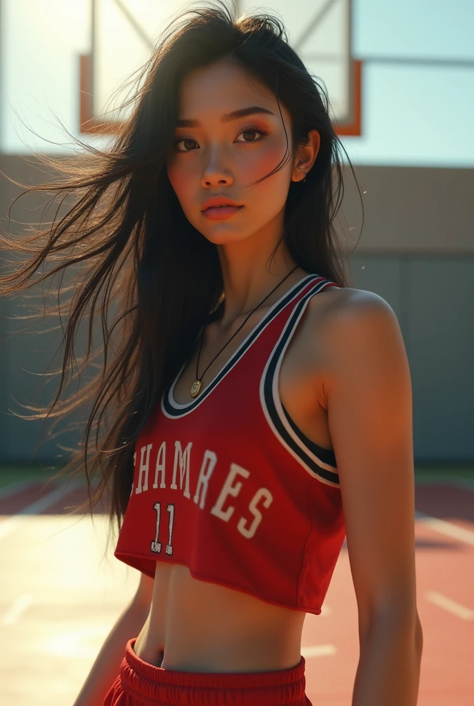 (8k, best quality, masterpiece:1.2), (realistic, photo-realistic:1.37), ultra-detailed,best quality, ultra high res, professional lighting, photon mapping, radiosity, physically-based rendering, cinematic lighting, basketball court,depth of field, sharp focus,sunbeam, good composition,(bokeh:1.2) 1girl,solo,(full body), (closed mouth),beautiful detailed eyes, pose, narrow waist,basketball uniform, black hair,messy hair,long hair floating in wind,(ulzzang-6500:1.2)
 mix4, hiqcgbody