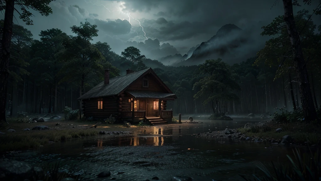 There's a little cabin in the woods at night, Cabana na Mata, cinematic atmospheric lighting, Dia chuvoso. game render, octan render. mistborn, renderizado em cryengine, atmospheric render, gloomy cinematic lighting, foggy volumetric lighting, renderizado em unreal engine 4k hq, renderizado em unreal engine 4 k hq, with photorealistic lighting, volumetric lighting and fog, chuva forte caindo, lightning in the sky
