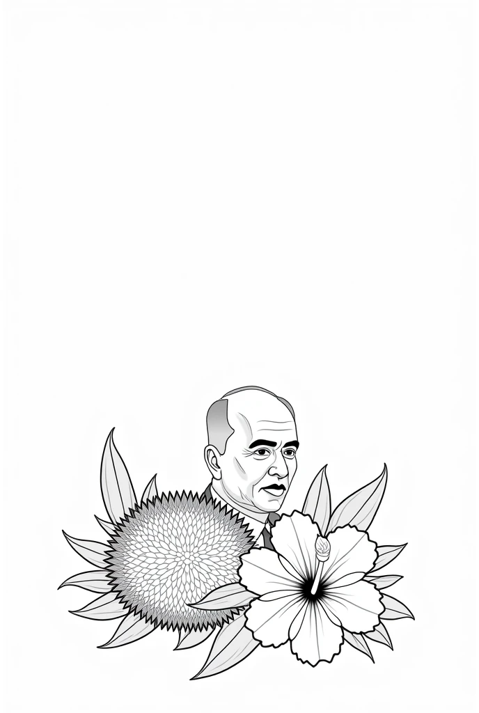 Drawing of Poster for Malaysia independence day without colour only outline not filled in with colour with durian, Bunga Raya, and tungku Abdul Rahman