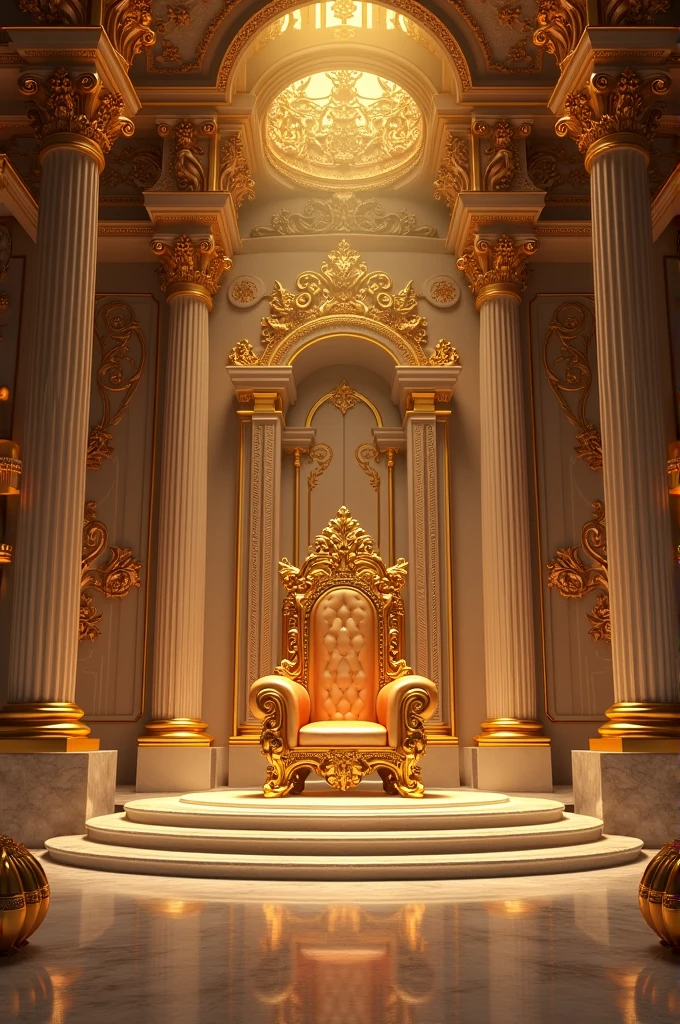 A beautiful throne room beautifully decorated with gold and a golden throne 