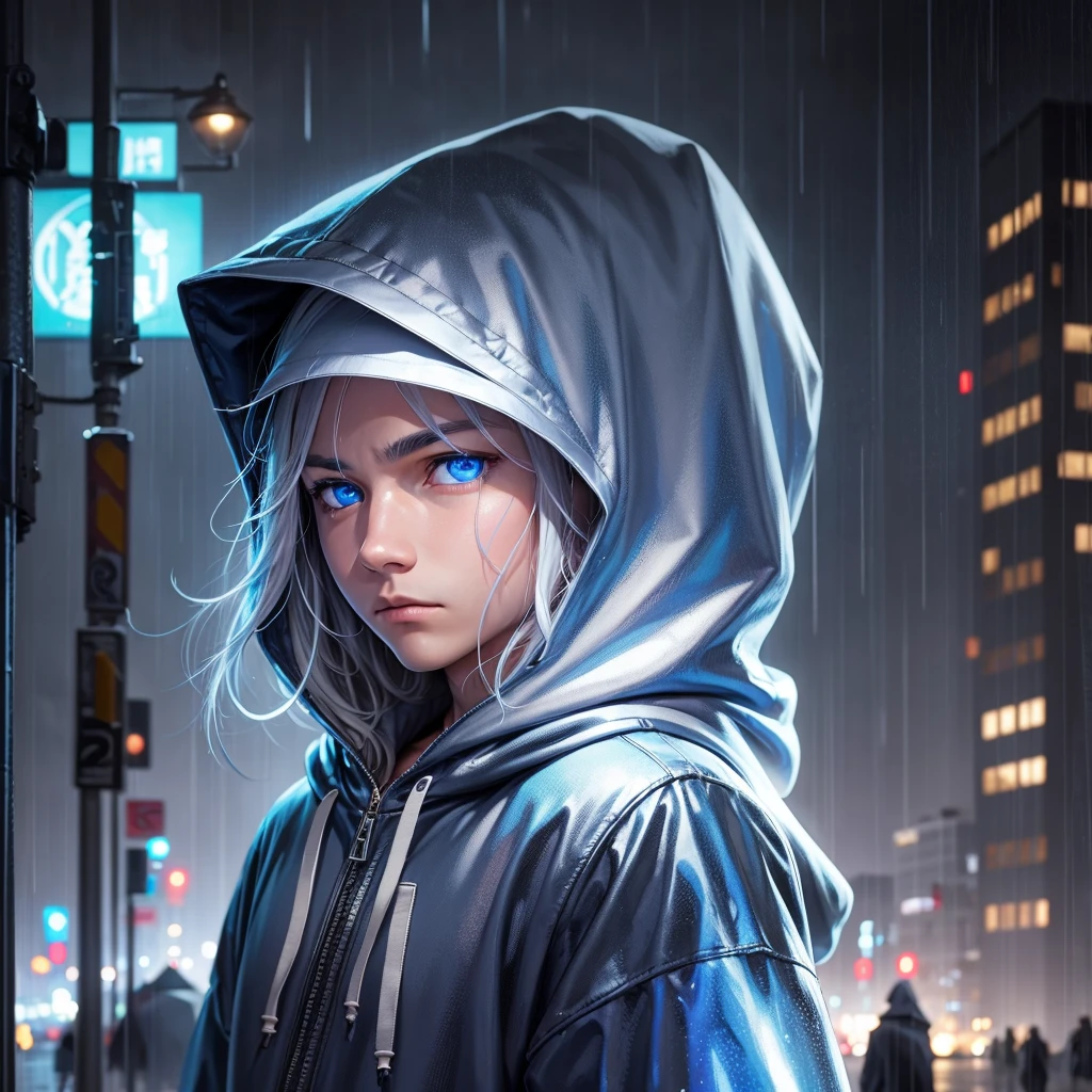 A cool hooded guy in the center、Gaze, blue eyes, Silver Hair、Rainy city background at night、One hood、Zoom in a little on the face