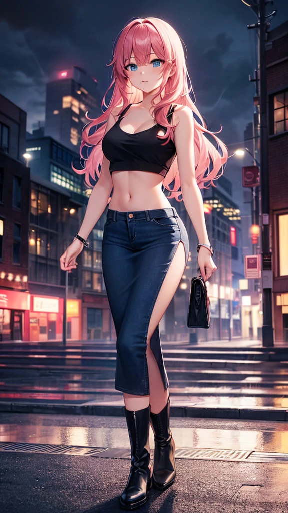 masterpiece, best quality, highres, high detail, beautiful woman, wavy hair, (pink hair), (blue eyes), ((blue tank top crop top and jean jacket)), ((long black skirt)), midi pencil skirt, leather boots, wearing headphones, bracelets, looking at viewer, rainy backdrop, storm, clouds, city alley at night, (night sky), reflective light, blue light, neon lights,