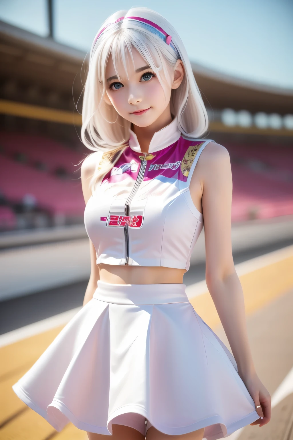 masterpiece,Highest quality,Very detailed,Beautiful girl in colorful race queen costume,,White Hair,very cute,Race Circuit
