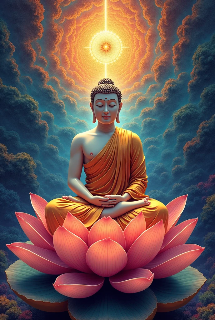Painting of Buddha seated on a lotus flower, A detailed painting by Kerembeyit, Trending on artstation, Psychedelic art, Thai art, hyper - detailed Visionary art, highly detailed Visionary art, hyper detailed Visionary art, quiet, ศิลปะBuddhism, 4k drawing details, Buddhism, Spiritual Art, Visionary art