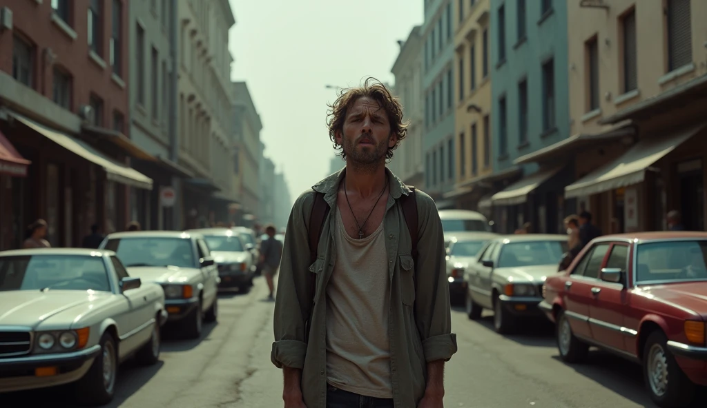 A shocking image of an exhausted young man, wrinkled, old clothing, is in desperation seeking success, looking forward, expression frustrated by seeking success and not achieving it, at the end of the other side of the street, sexy women on the lap of successful men.