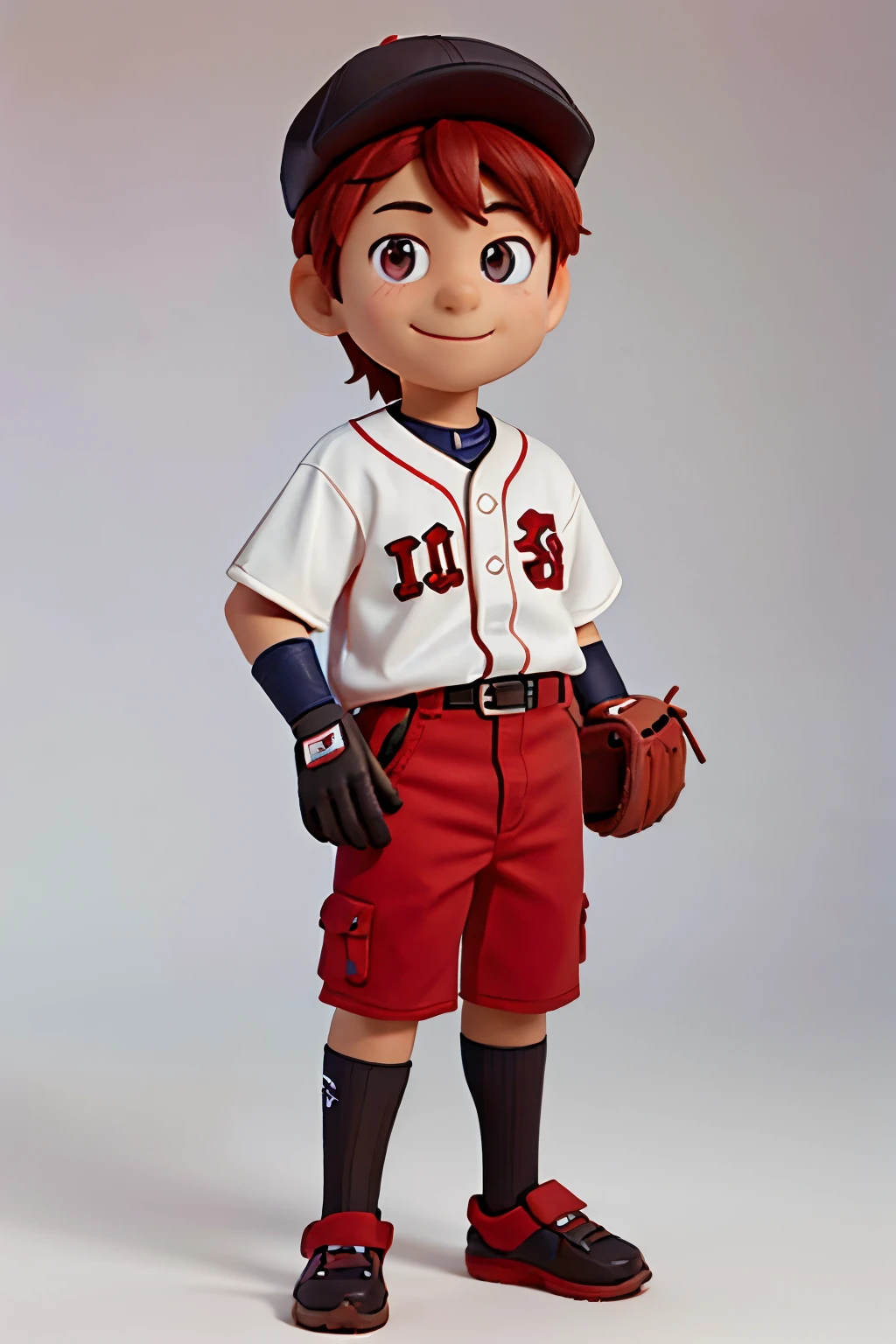The image shows a brown-eyed boy standing with a smile against a neutral background. He is wearing a Red Sox baseball uniform consisting of a shirt and matching cap. In his left hand, he holds a catcher's mitt.