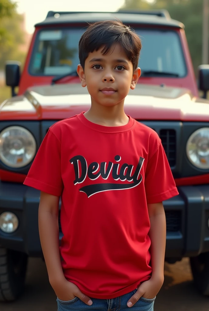 A boy red mehrauni colour tshirt . In t-shirt name text 'DEVILAL' boy begraund in car Scorpio Mahindra. Boy age is 16-17 .