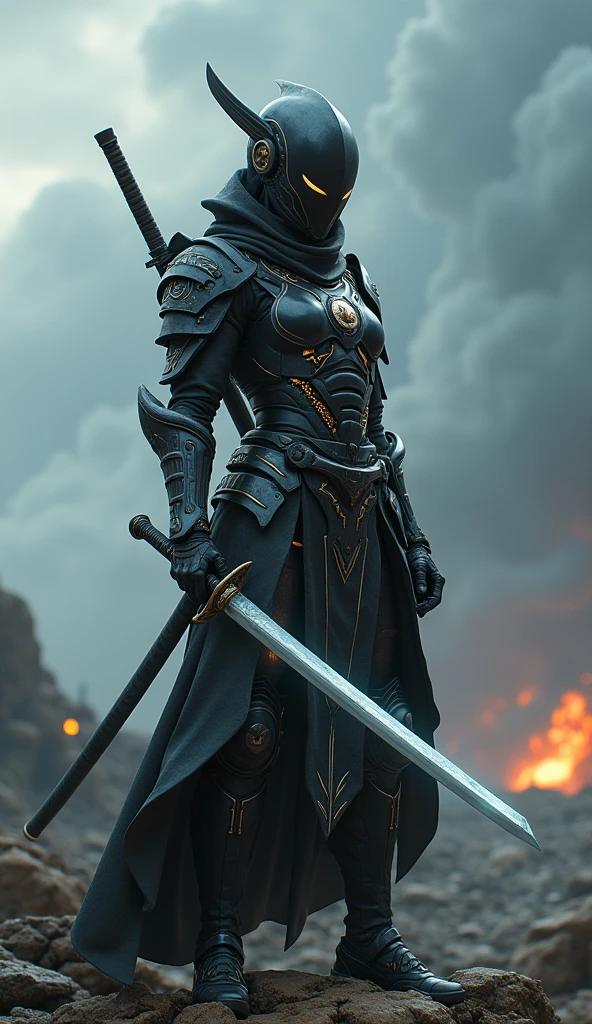 Generate a 4K, hyper-realistic image of an Asian warrior from Nova Aeterna, wearing a full-body, futuristic armor that completely covers her, including a helmet that conceals her face. The armor blends traditional Japanese samurai design with advanced, sleek, and high-tech materials, featuring glowing energy lines and intricate details. She stands on a rocky battlefield under a stormy sky, exuding a mix of determination and inner conflict. Her armor shows signs of recent battle damage, with scorched marks and dents. She holds a katana infused with alien technology, glowing with a faint, eerie light. The background shows the aftermath of a fierce battle, with ruins, distant fires, and scattered debris. Emphasize the detailed design of the armor, the glowing elements, and the dramatic, war-torn environment.