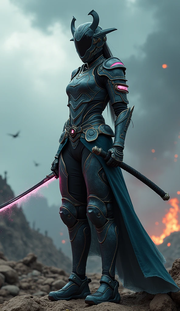 Generate a 4K, hyper-realistic image of an Asian warrior from Nova Aeterna, wearing a full-body, futuristic armor that completely covers her, including a helmet that conceals her face. The armor blends traditional Japanese samurai design with advanced, sleek, and high-tech materials, featuring glowing energy lines and intricate details. She stands on a rocky battlefield under a stormy sky, exuding a mix of determination and inner conflict. Her armor shows signs of recent battle damage, with scorched marks and dents. She holds a katana infused with alien technology, glowing with a faint, eerie light. The background shows the aftermath of a fierce battle, with ruins, distant fires, and scattered debris. Emphasize the detailed design of the armor, the glowing elements, and the dramatic, war-torn environment.