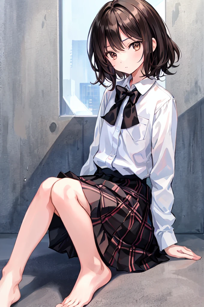 (child)，Highest quality，Beautiful face in every detail，cute，Dark brown eyes，(背の低いcute，Little young student，Young and delicate）,（masterpiece，Highest quality)，Black Hair，Sleepy look，Plaid black skirt，Brown Hair，Shortcuts，Messy Hair，Slender beauty，A dignified posture，Small chest，Beautiful feet，，