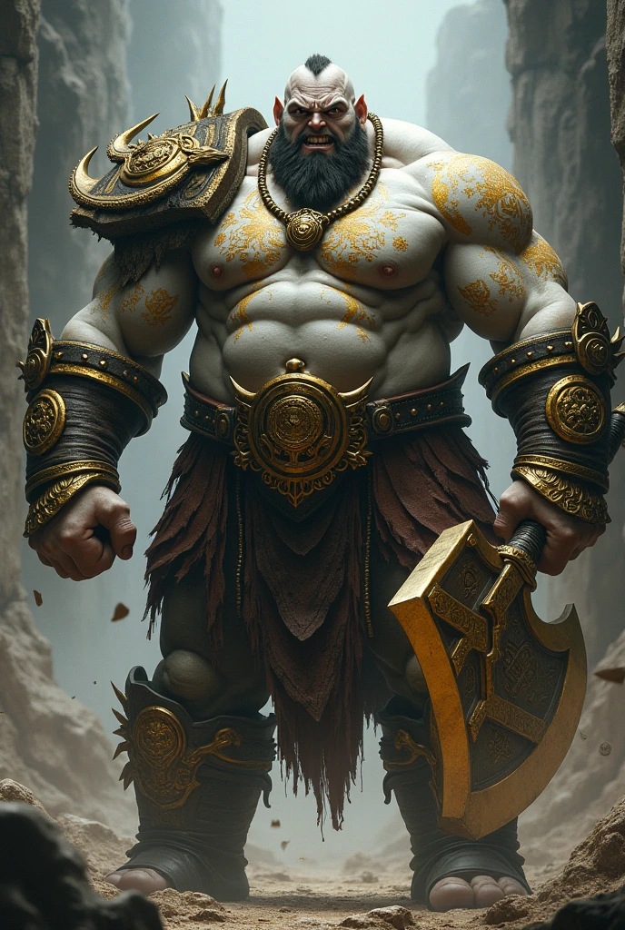 ((best quality)), ((masterpiece)), (detailed), goliath, huge ogre, white skin, gold tattoos in skin, massive gold axe in right hand, heavy leather armour, noble, powerful, intense, muscular, angry