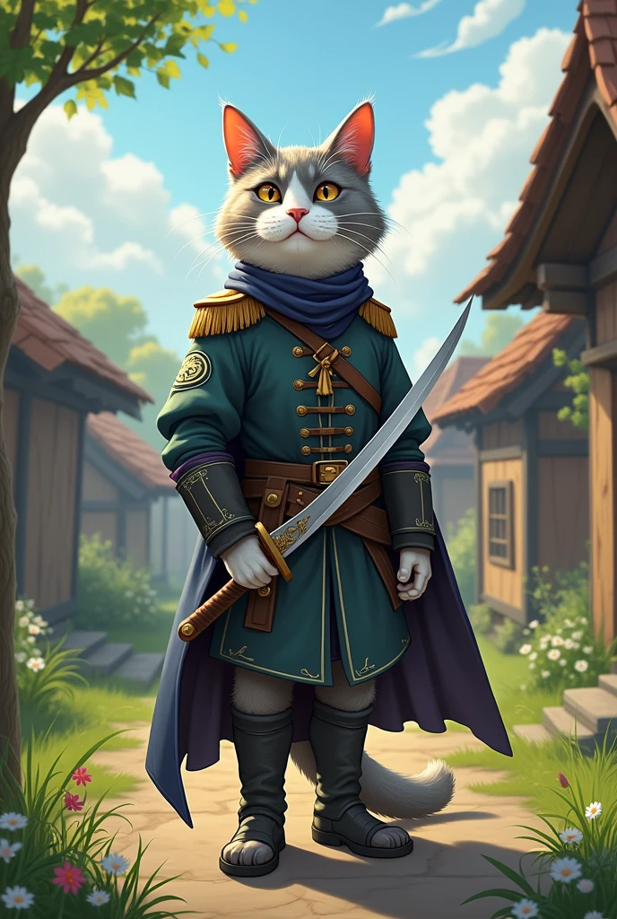**Captain Whiskers in the Village:**
- A brave cat with the body of a human warrior stands confidently in the center of a village. The cat has gray and white fur and wears a military uniform with a sword by his side. The village is serene, with wooden houses and lush greenery. The cat’s keen eyes and sharp ears are evident as he surveys his surroundings.