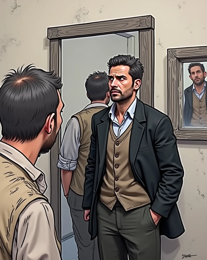 A dad looking at himself in the full body mirror: a part with shabby clothes and his reflection in the mirror he is well dressed 