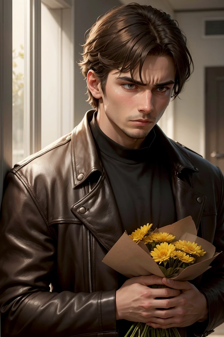 A man stands holding a bouquet of flowers in his trembling hands, his face etched with desperation and longing. He wears a worn brown leather jacket, its rough texture contrasting with the delicate flowers he holds. His eyes are wide, filled with a mixture of hope and fear as he looks up, begging for the love of someone unseen. His posture is tense, shoulders slumped, as if the weight of his emotions is too much to bear. He stands against a contrasting background, where the stark difference between the bright light illuminating him and the darker, shadowed surroundings heightens the intensity of his vulnerable, pleading gesture.