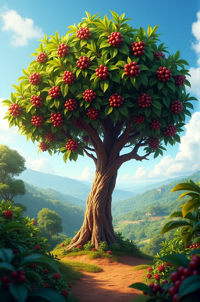 A robusta coffee tree with many red berries.