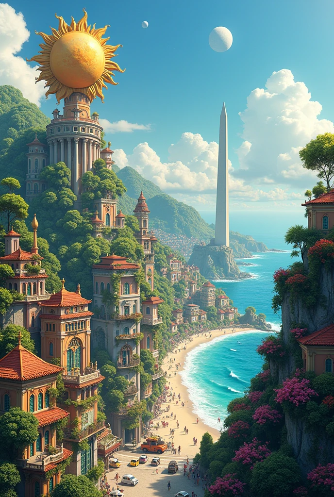 (work of art)), (detailded), 1 city with a LARGE sun and moon statue on top of a high hill. , below a view with many cars passing by. Colorful and beautiful buildings. The buildings have hanging gardens on their tops, there is a large obelisk in the city and a beach full of waves