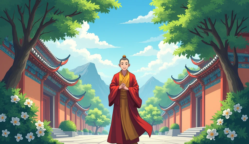 Chinese monk student standing happily and calmly, surrounded by temples, beautiful trees, in anime style, beautiful scenario,