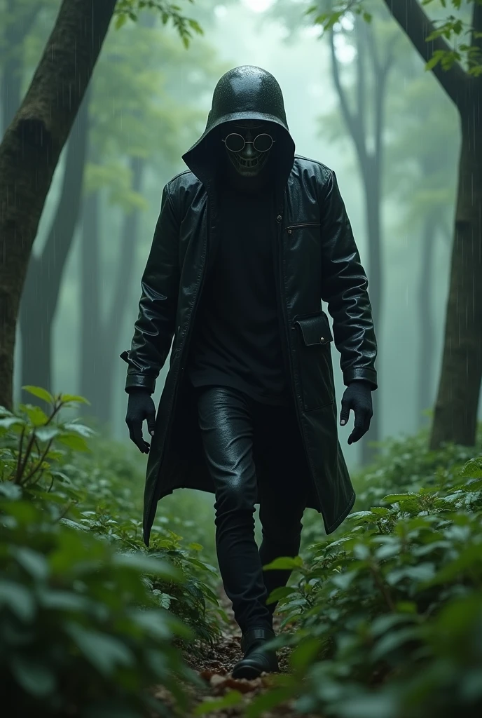 A man dressed in black and Has a slimmer figure than a girl,  Wear a sun visor, The face is completely covered by an iron mask with glasses, Wear the M35 helmet. 

The setting is a beautiful forest, it's raining