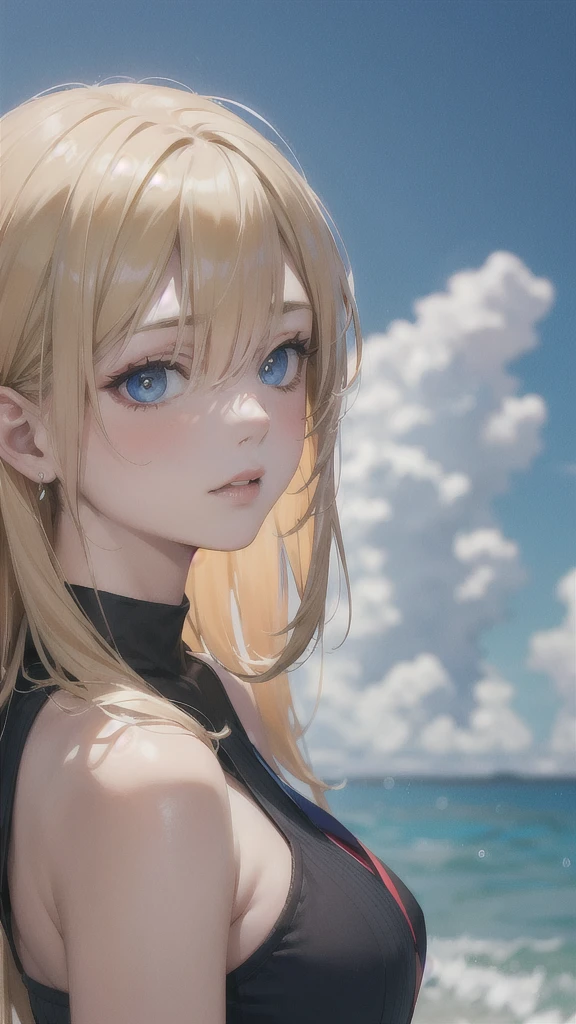 European girl portrait,alone,20-year-old,Beautiful Face,whole body,Hair on one eye,Medium Sidecut, Blonde, Sharp focus,With the sea in the background,