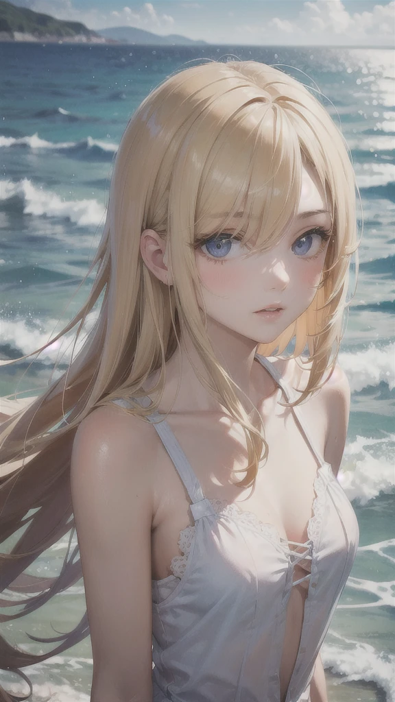 European girl portrait,alone,20-year-old,Beautiful Face,whole body,Hair on one eye,Medium Sidecut, Blonde, Sharp focus,With the sea in the background,