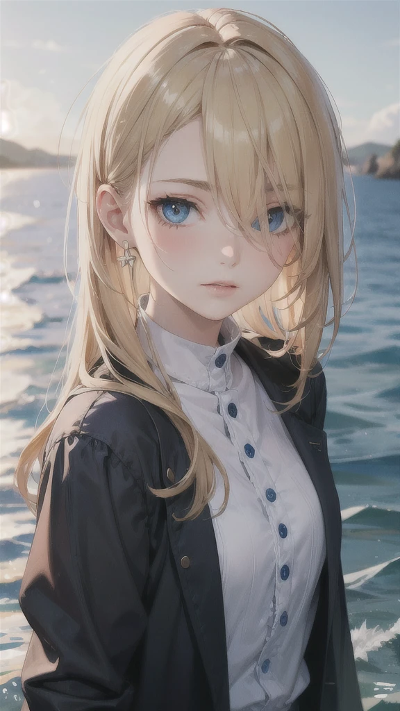 European girl portrait,alone,20-year-old,Beautiful Face,whole body,Hair on one eye,Medium Sidecut, Blonde, Sharp focus,With the sea in the background,