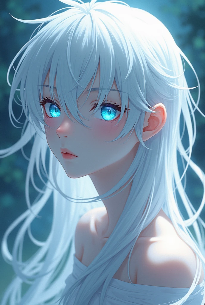 A male albino anime with long hair and blue eyes 
