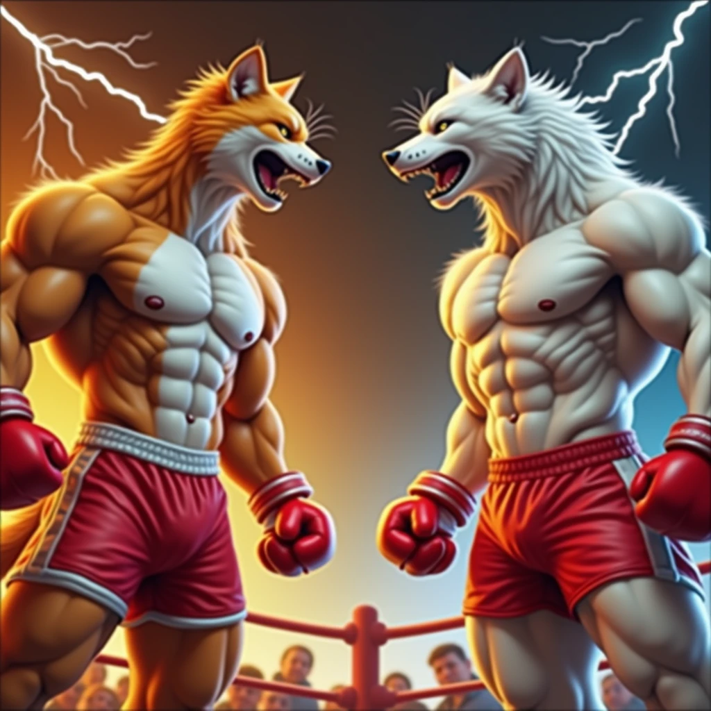 A digital illustration depicting a fierce boxing match between a muscular orange cat and a muscular white wolf, both wearing red boxing shorts and gloves. They are positioned in a boxing ring, surrounded by spectators, with dramatic lightning in the background enhancing the intense atmosphere. The cat is on the left, showing assertiveness, while the dog stands confidently on the right, both animals showing expressions of aggression.
Cinematic style, hyperrealistic, high quality, ultra realistic, high quality portrait, Cinematic Background,
