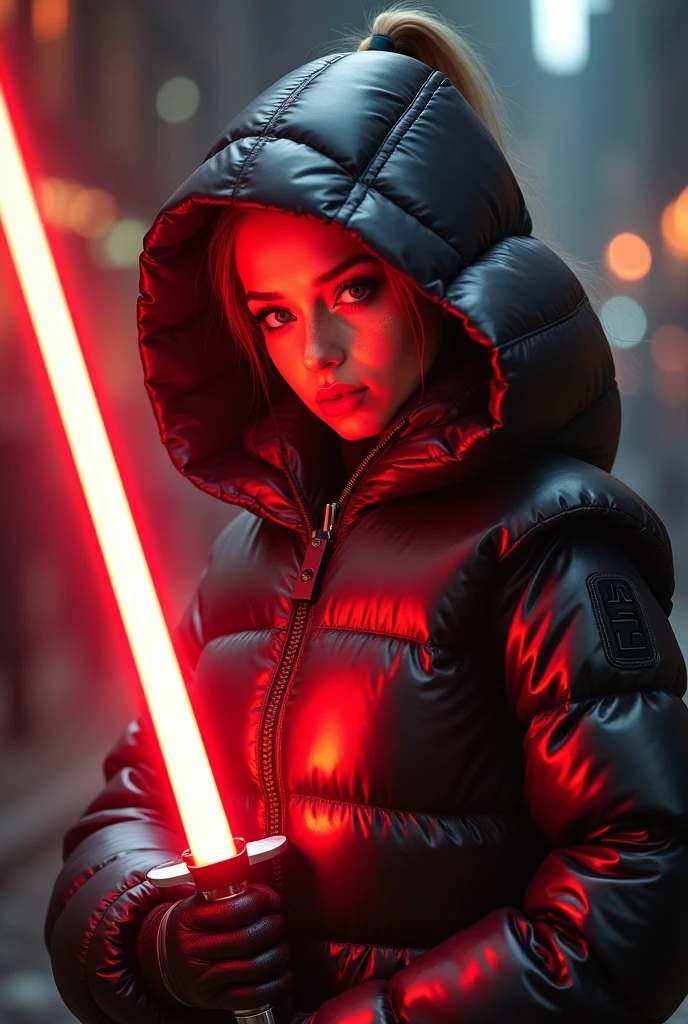  a slim ponytail 16 year old angry sith wielding her bright lightsaber, she is battling her slim nemesis,beautiful detailed bright fire-eyed eyes,beautiful freckles,beautiful detailed lips,extremely detailed eyes and face,longeyelashes, wearing beautiful detailed skintight airtight covering-head hooded armored formfitting duvetica overfilled overinflated shiny super gleamy  thick glossy puffervest covering over her  padded high-collared pufferjacket, glossy latex  leggings,symmetrical,masterpiece,cinematic,lifelike,hyperrealistic,8k,photorealistic,highly detailed,intricate,exquisite,elegant,beautiful,stunning