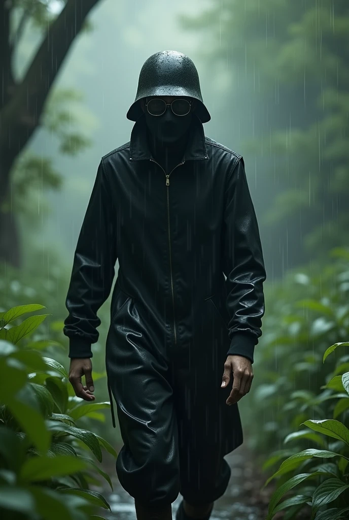 A man dressed in black and Has a slimmer figure than a girl,  Wear a sun visor, The face is completely covered by an iron mask with glasses, Wear the M35 helmet. 

The setting is a beautiful forest, it's raining