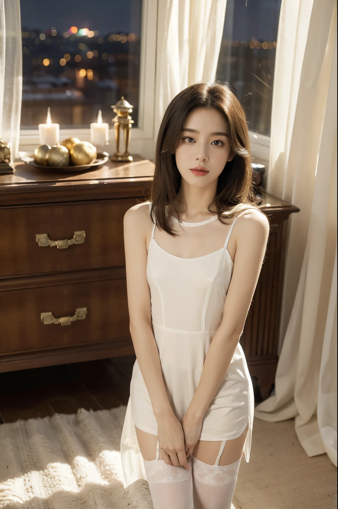(((best quality))),(((ultra detailed))),(((masterpiece))),illustration,((1 beautiful girl,solo)),(long straight bob:0.8),((slim,thin)),((small ,flat chest)),(standing:1.3),(in bedroom:1.3),(white sheer dress:1.3),(stockings:1.3),(slender legs:1.2),distant look,lost in thought,tastefully decorated,warm,inviting color palette,soft beige walls,luxurious comforter,deep gold color,nightstand,lamp,book,dresser,open window,glimpse of garden,calm atmosphere,peaceful,underlying tension,confusion,internal conflict,stark contrast,warmth of room,coldness of gaze,introspection,inner turmoil,complex emotions,(night scene:1.5),((from front,upper body))