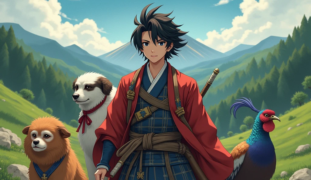 (best quality, masterpiece, ultra detailed, ultra high res, photorealistic, raw photo, absurdres, absolutely resolution), His name is Momotaro、A young, muscular, handsome samurai、dog、monkey、The pheasant will go to Onigashima together.、right now