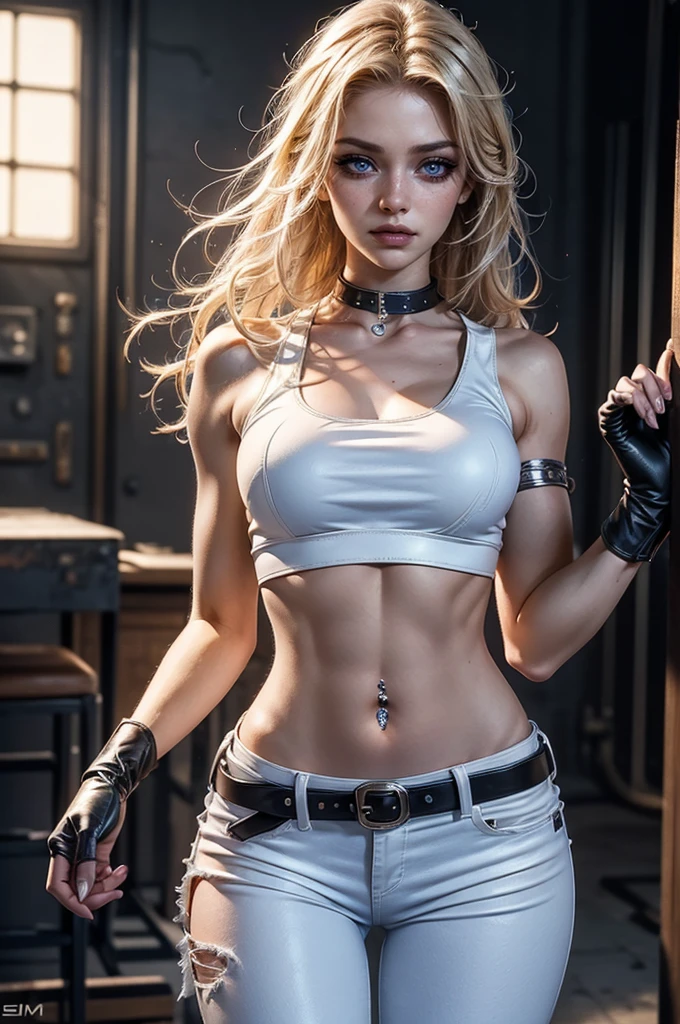 cowboy shot,a pretty 21 year old girl,blond hair,blue eyes,lora_Emma,slim athletic body,thin waist,(white crop top),bare shoulders,(black leather pants),((long navel-piercing)),thin black collar,empty studio,belt,fingerless leather gloves,(best quality,4k,8k,highres,masterpiece:1.2),ultra-detailed,(realistic,photorealistic,photo-realistic:1.37),dramatic lighting,cinematic,fashion photography,studio lighting,high contrast,vivid colors,beautiful detailed eyes,beautiful detailed lips,extremely detailed eyes and face,long eyelashes, hair on one side, touching hair