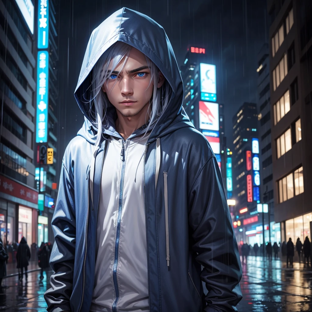 A cool hooded guy in the center、Gaze, blue eyes, Silver Hair、Rainy city background at night、Zoom in a little on the face
