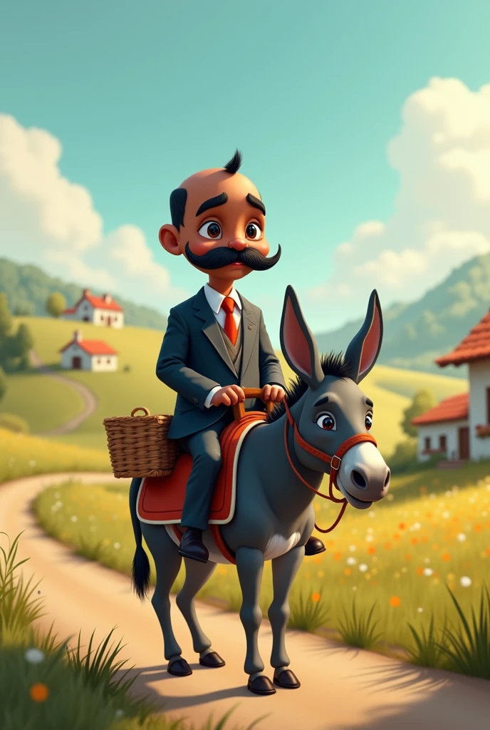 Create an image of a short, bald, dark-skinned mayor with a mustache on a donkey with a saddlebag and a basket