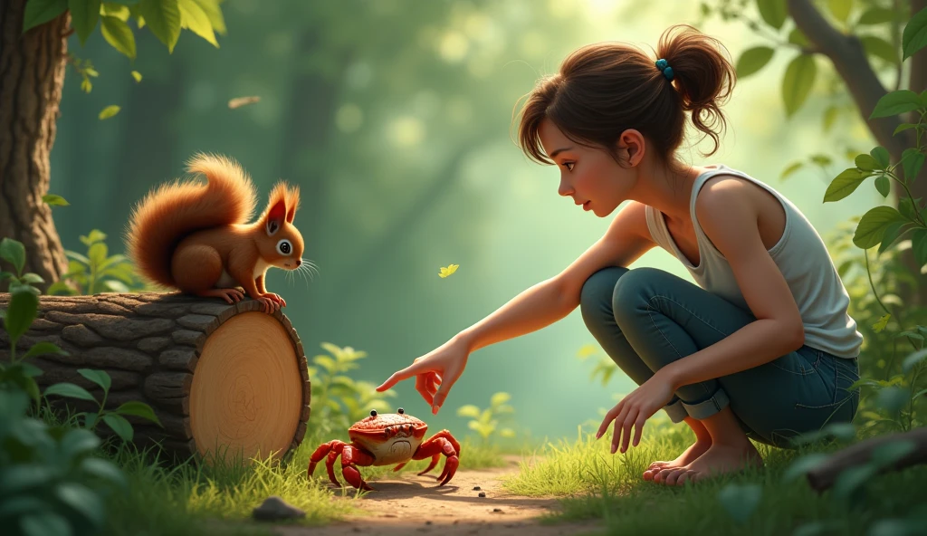 squirrel standing on a cut log, crouching woman almost touching a crab with her index finger, pretty young woman, hair up, brunette, forest in the background. a lot of vegetation around., real photo