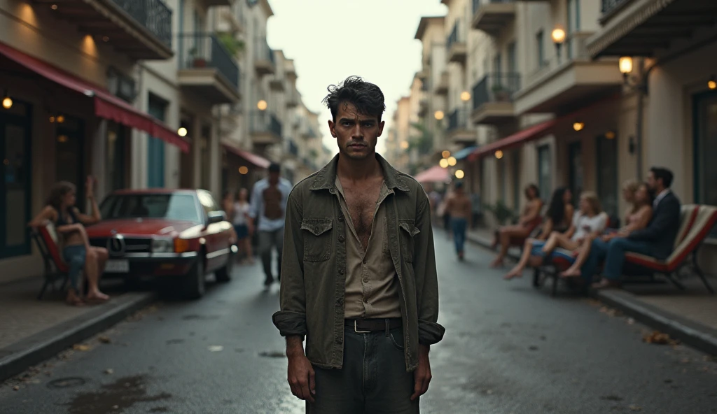 A shocking image of an exhausted young man, wrinkled, old clothing, is in desperation seeking success, looking forward, expression frustrated by seeking success and not achieving it, at the end of the other side of the street, sexy women on the lap of successful men.