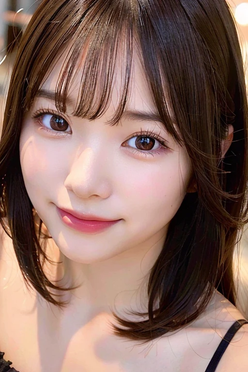 whole bodyを映した、Composition taken from below(Skin wounds:1.2), (Skin Dentition), black eye, 1woman, Age 25, (((woman))), alone, Realistic, Highest quality, photoRealistic, masterpiece, 8k, High resolution, alone, cute、Ruthlessly detailed face, (Professional Lighting, Bokeh), (Particles of light, Lens flare, Glowing particles:0.6), nice, Are standing, Maintain the original face proportions,whole body, (Medium Hair), Brown Hair, Floating Hair, lips, lipstick, seductive smile, Floating Hair, smile, Open_mouth, teeth, eyelash, Mole, (Mole under eye:1)