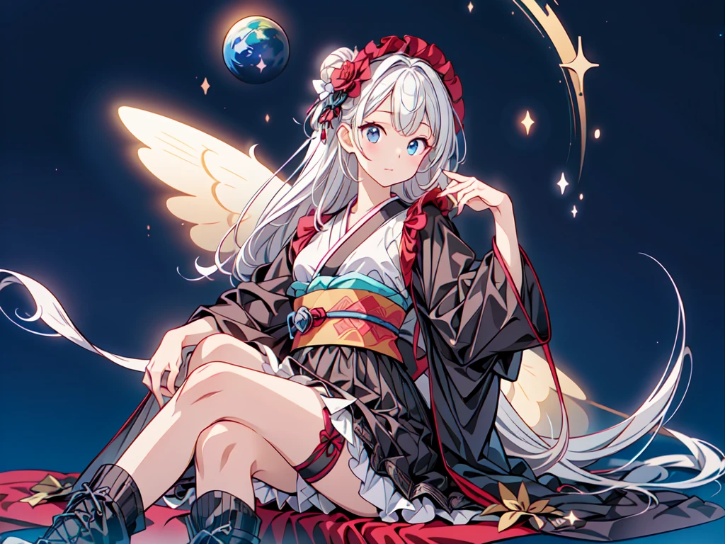 Star Fairy、（Masterpiece、Highest quality、Official Art、Super detailed）、Dynamic composition、Perfect Anatomy、One person sitting on the crescent moon、「Beautifully printed galaxy patterned kimono and gothic costume、Space patterned frill box pleat mini skirt、Frontal portrait、Knee-high boots、Captivating eyes、Perfect and amazing face、Exquisite details、Clear images、Highest quality。」Milky white and light blue gradient long straight hair、