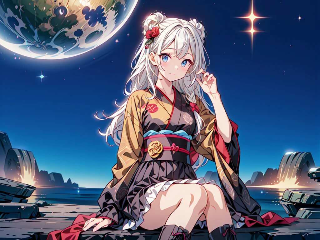 Star Fairy、（Masterpiece、Highest quality、Official Art、Super detailed）、Dynamic composition、Perfect Anatomy、One person sitting on the crescent moon、「Beautifully printed galaxy patterned kimono and gothic costume、Space patterned frill box pleat mini skirt、Frontal portrait、Knee-high boots、Captivating eyes、Perfect and amazing face、Exquisite details、Clear images、Highest quality。」Milky white and light blue gradient long straight hair、
