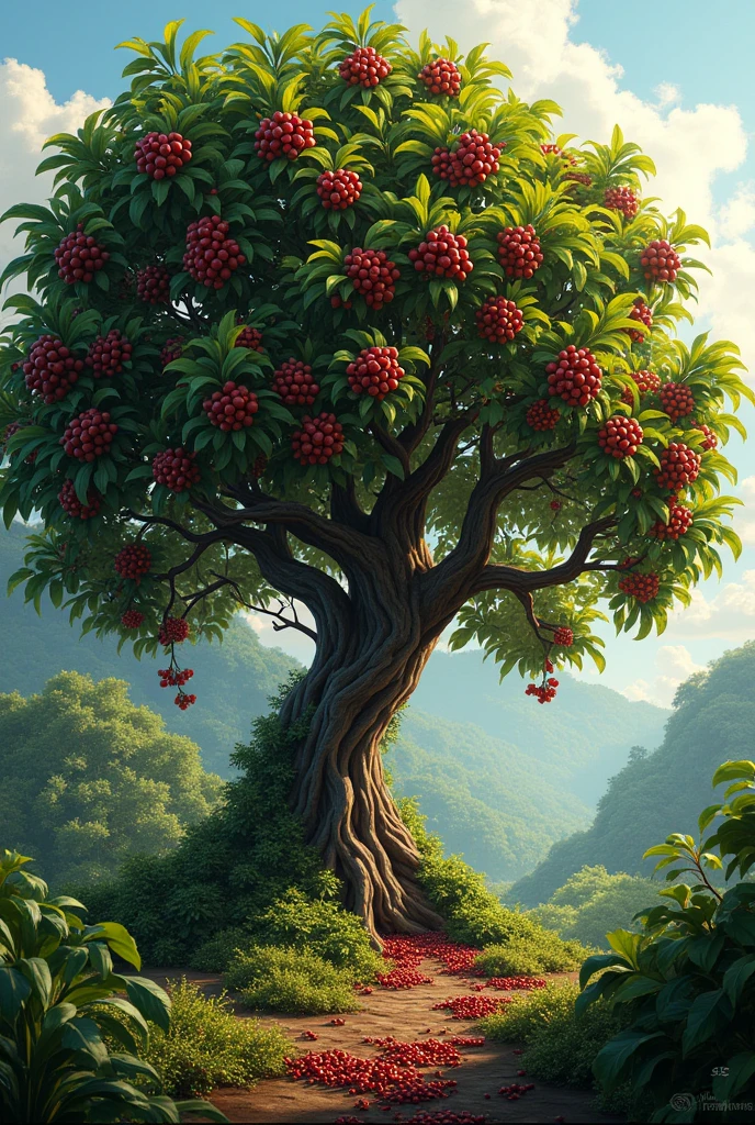 A robusta coffee tree with many branches bearing red fruit.