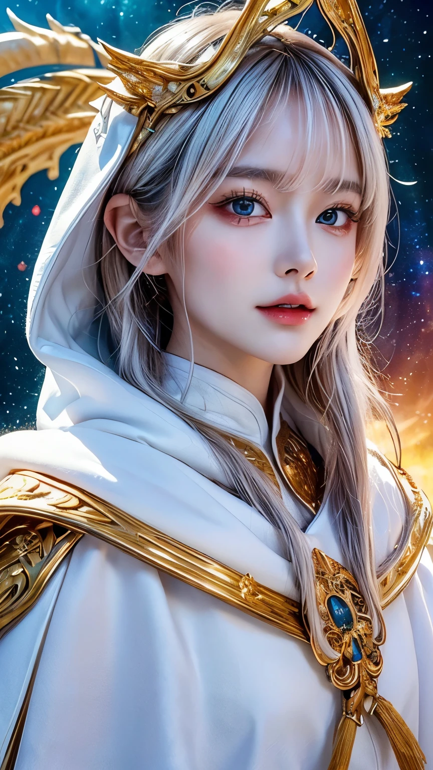 (masterpiece, Highest quality, Highest quality, Official Art, beautifully、aesthetic:1.2), (One person), Highly detailed eyes, (Fractal Art:1.3), colorful, Most detailed, (Perfect Face), Glowing Skin, High resolution, (White cloak, golden lines:1.2), Milky Way, (Streaks of Light), Impressive visuals, (Dynamic stripes, Light trail:1.2), Vibrant colors, (Phoenix), (Dragon)